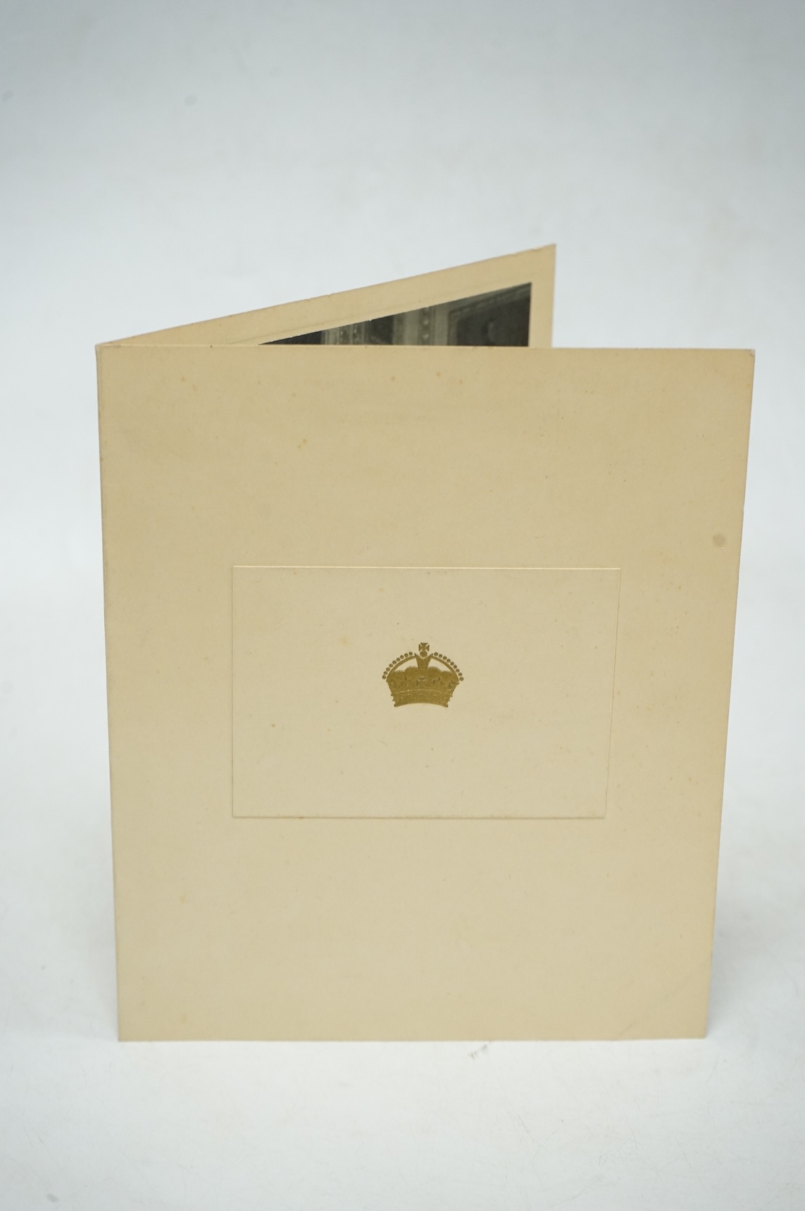 A Royal Christmas card from HM King George VI and Queen Elizabeth for 1944, published by Raphael Tuck and Sons Ltd. with a gilt embossed crown on the front, inside; ‘with best wishes for Christmas and the New Year 1944,